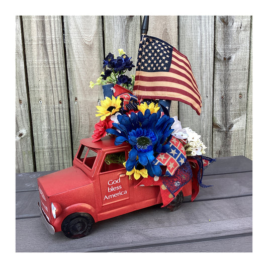 AGD Patriotic Decor - Vintage Metal Truck Floral Music Box Centerpiece