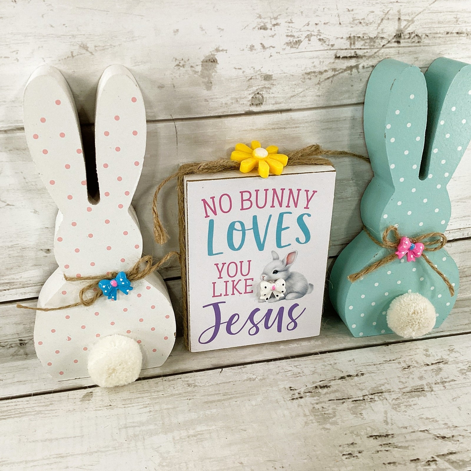AGD Easter Decor - Chunky Wood Pastel Bunny Jesus Loves You 3pc Set