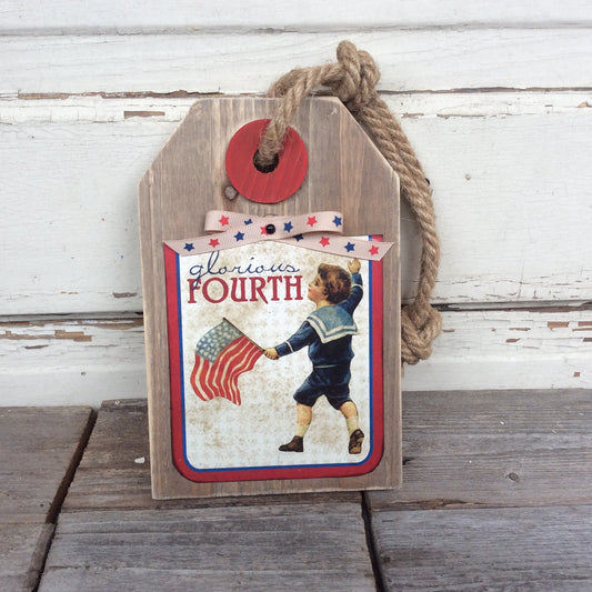 AGD Patriotic Decor - Glorious Fourth Vinatge Wood Tag Sign Ornament