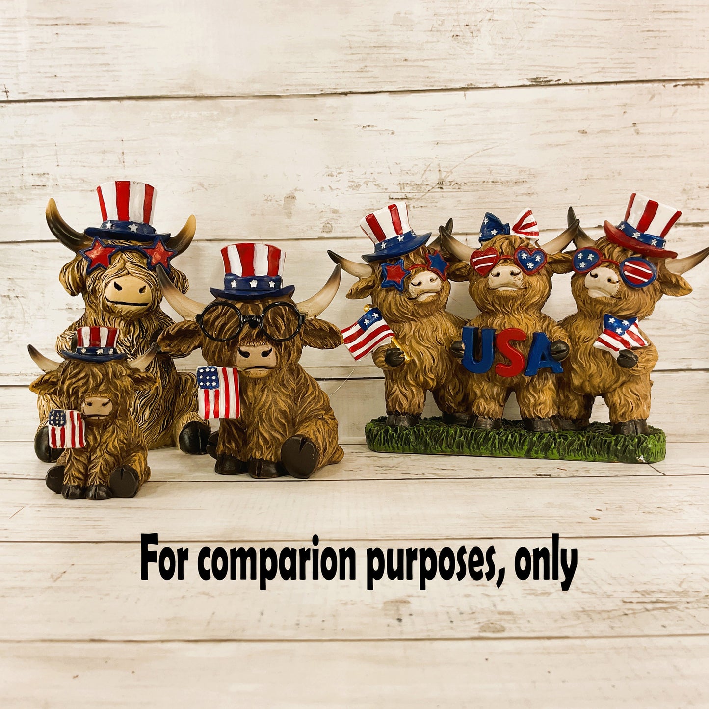 HL Patriotic Decor - July 4th Resin Highland Cow Couple SM & LG Figurines 4pc
