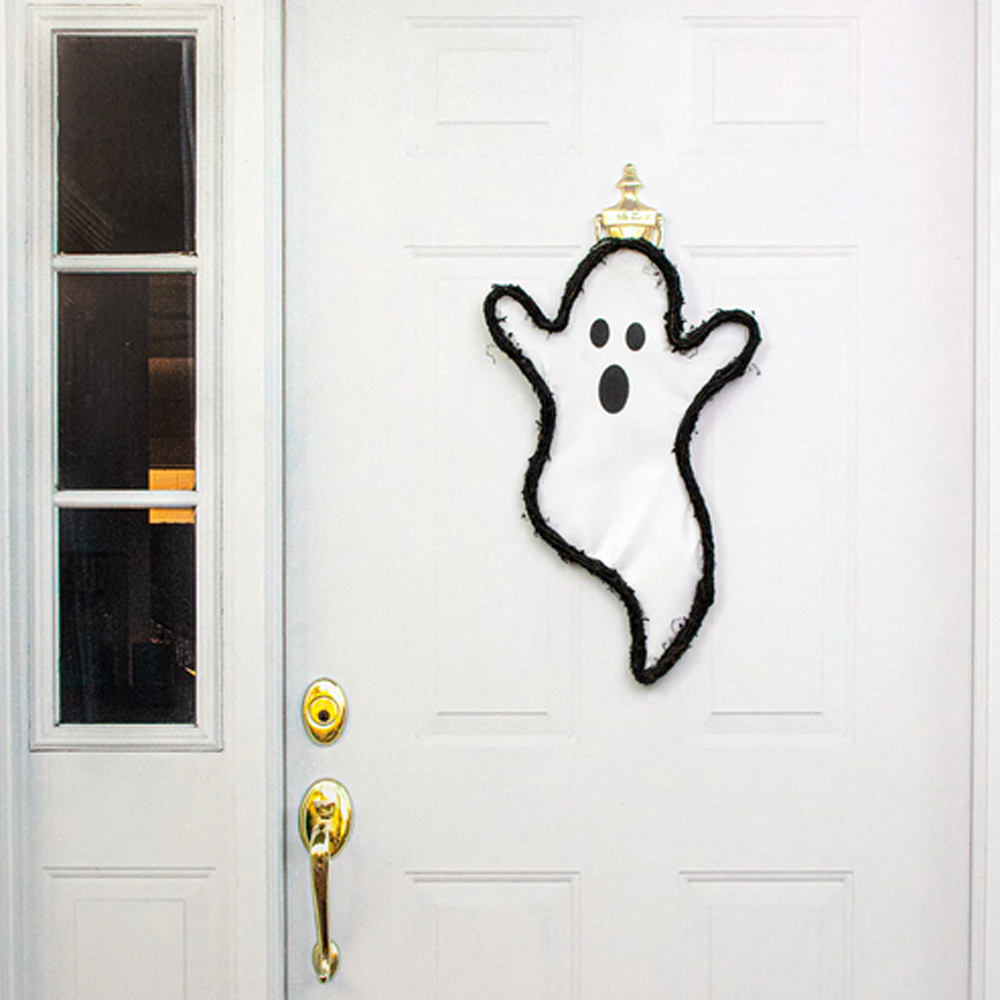CO Halloween Decor - White Fabric Black Grapevine Ghost Door Wreath