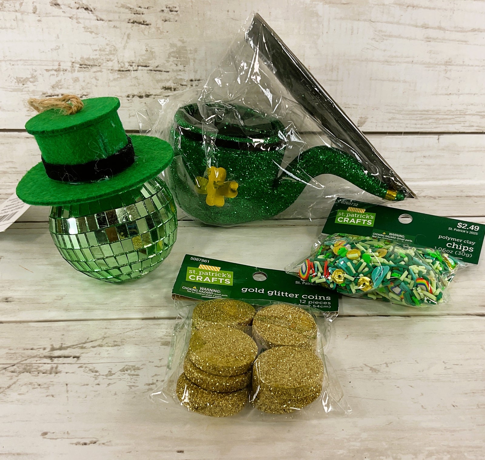 HL St Patrick's Decor -Clay Craft Glitter Pipe Leprechaun Disco Ornament 4pc