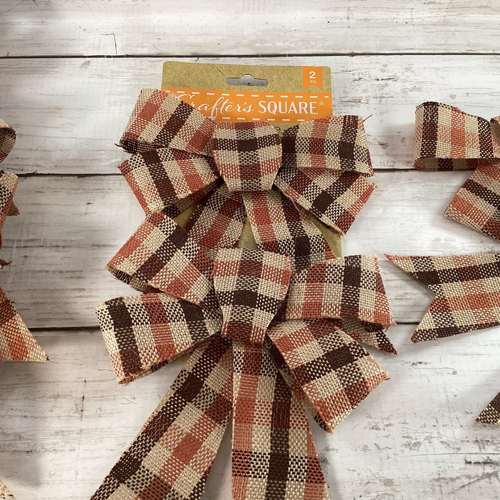 DT Fall Craft Supply - Small PVC Brown Tan Plaid Bows 8 bows
