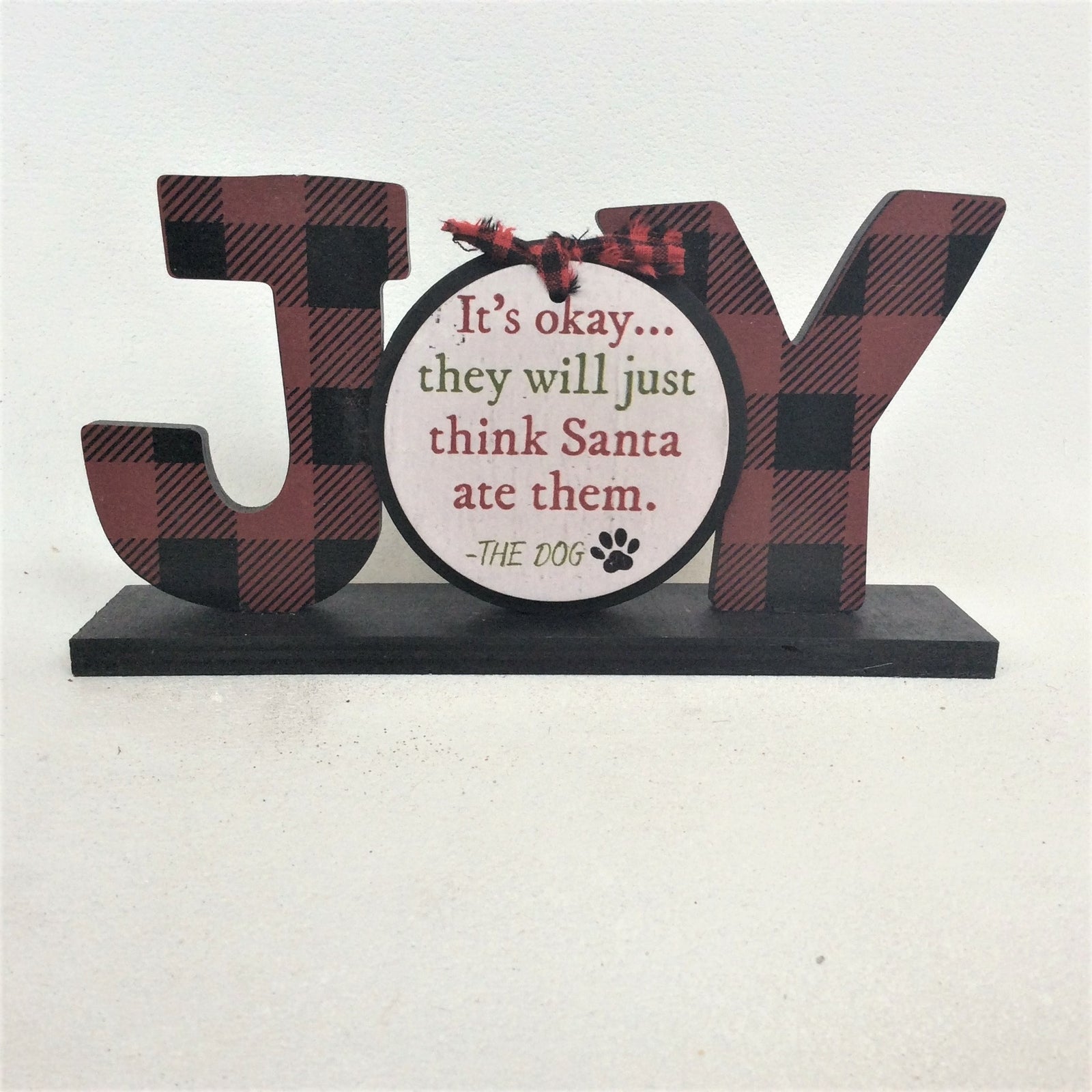 AGD Christmas Decor - Buffalo Check Plaid Joy Dog Tabletop Sign
