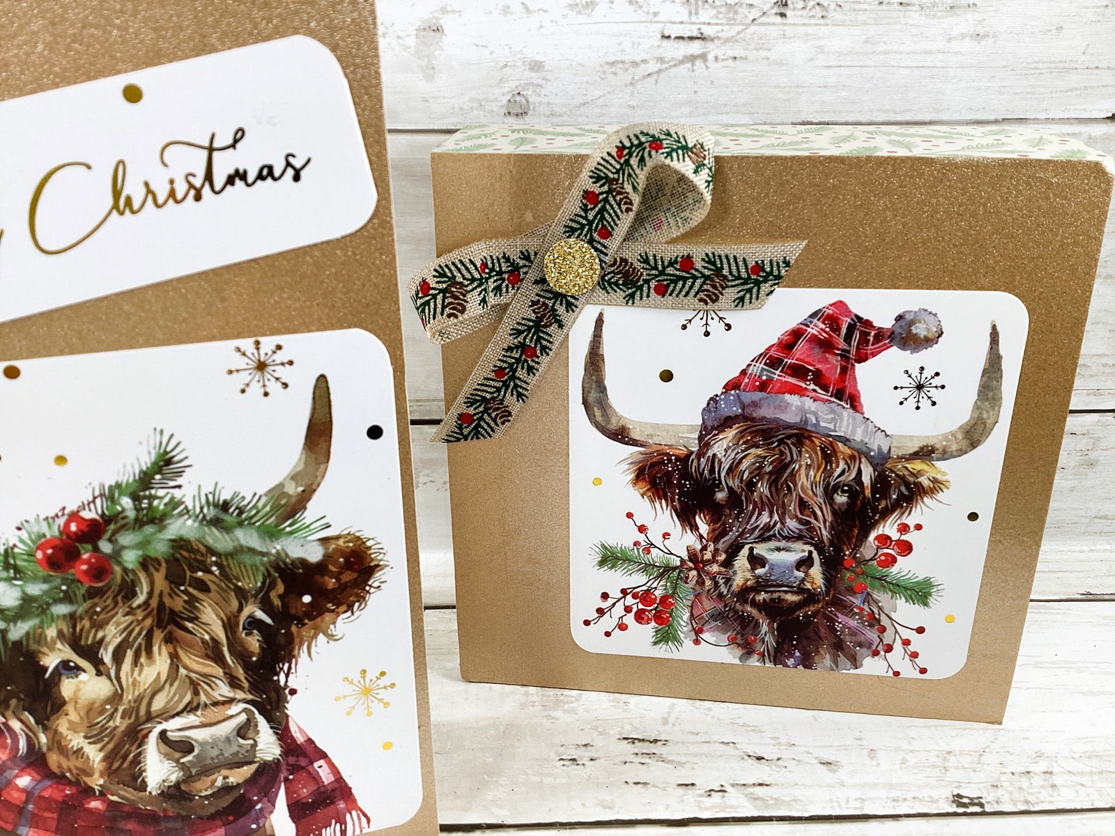 AGD Christmas Decor - Highland Scottish Cow Tabletop Box Signs 2pc Set