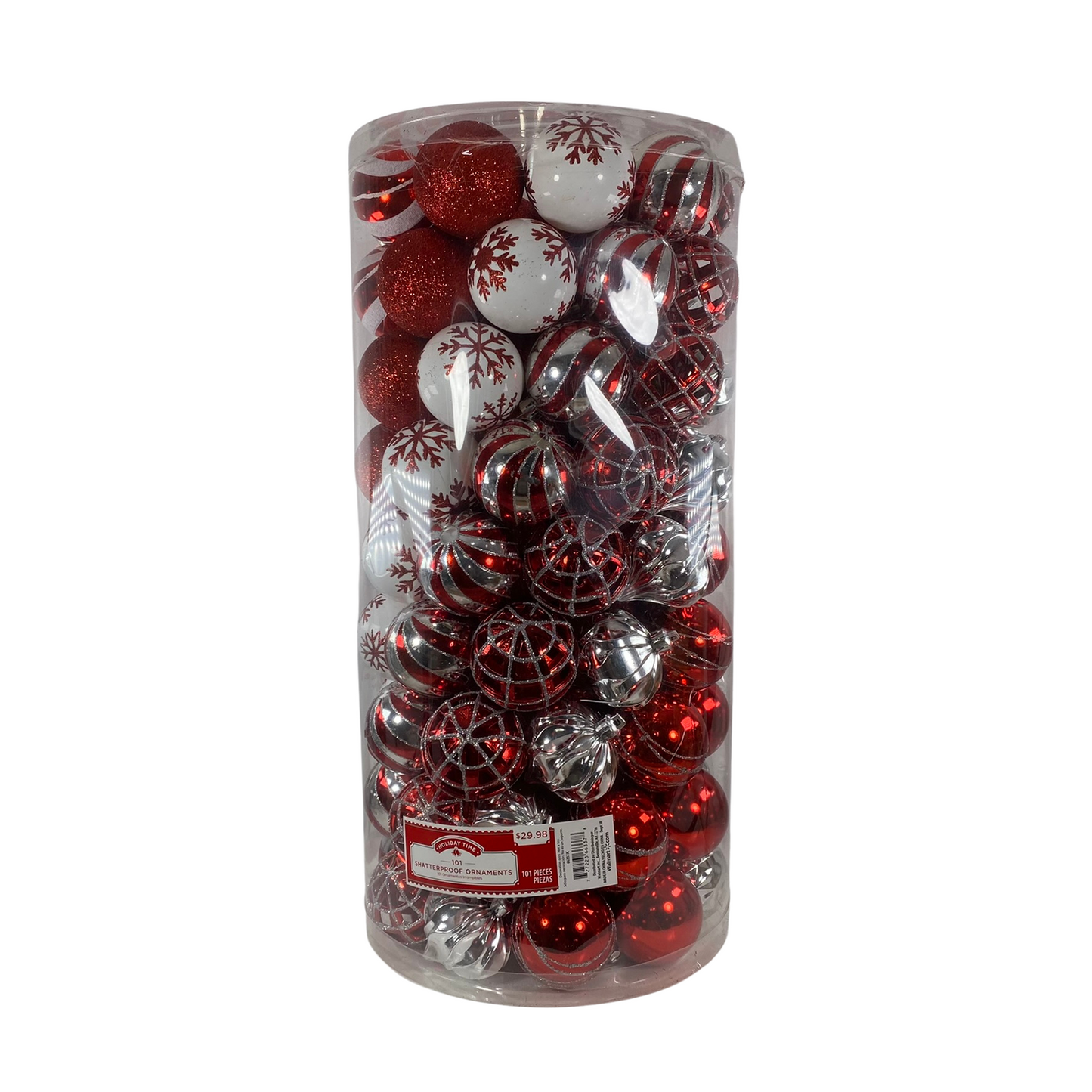 WM Christmas Decor - Assorted Red White Silver Plastic Ornament Bulbs 101 pc Set