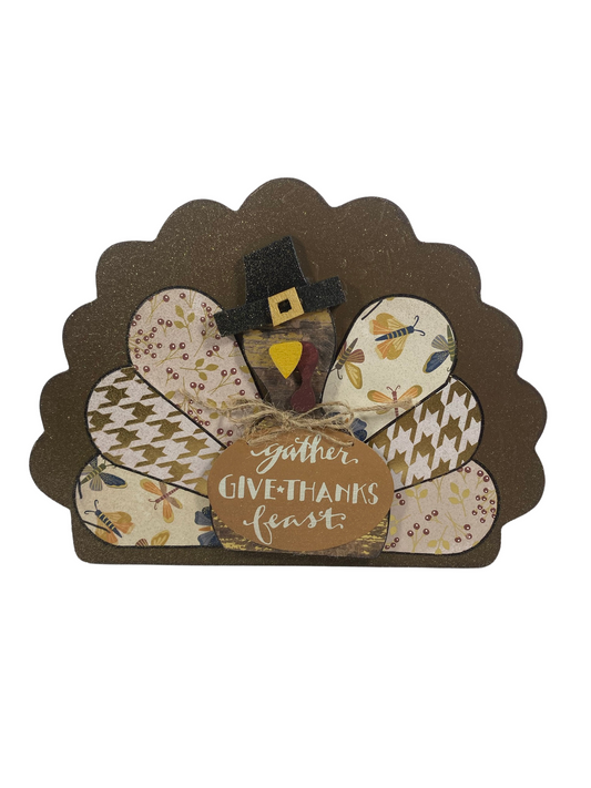 AGD Fall Decor - Reversible Gather Give Thanks Chunky Wood Turkey Sign