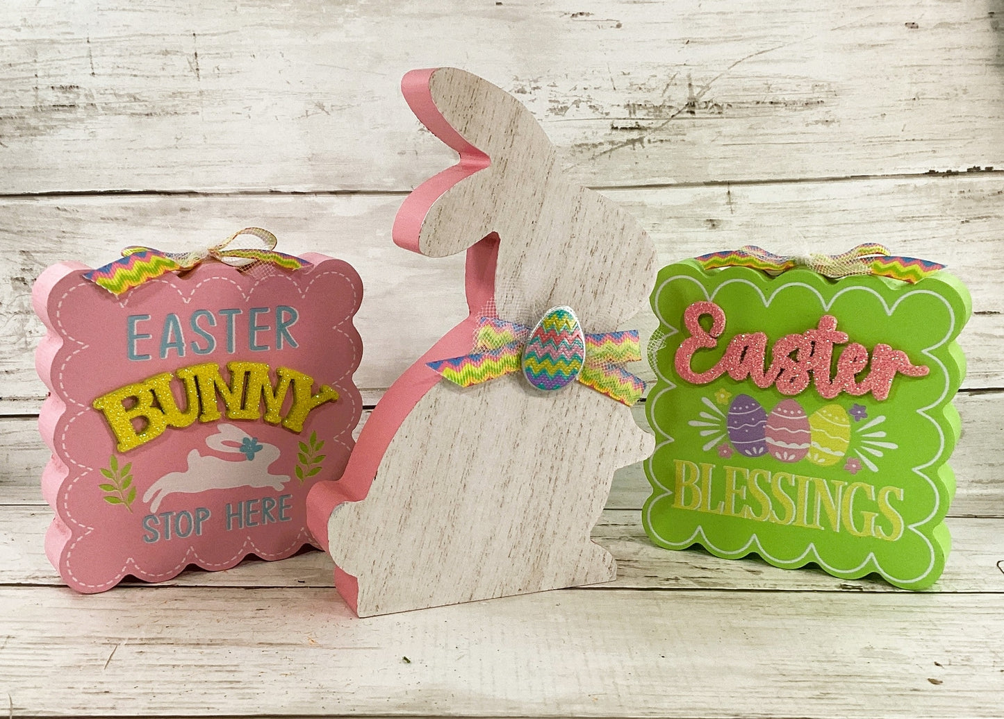 AGD Easter Decor - Chunky Wood Pastel Bunny & Signs 3pc Set