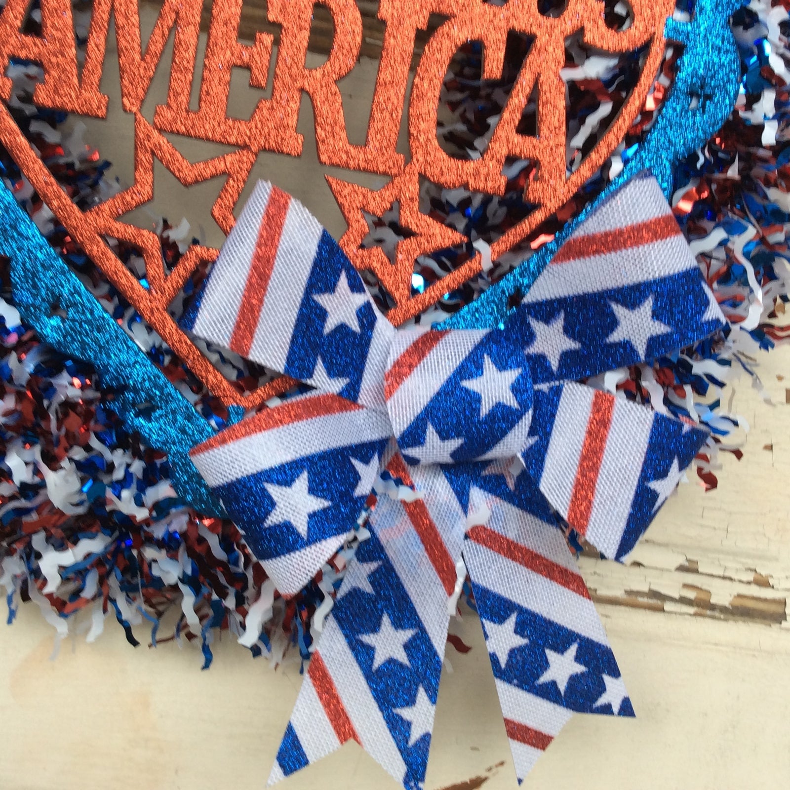 AGD Patriotic Decor - July 4th God Bless America Tinsel Wreath
