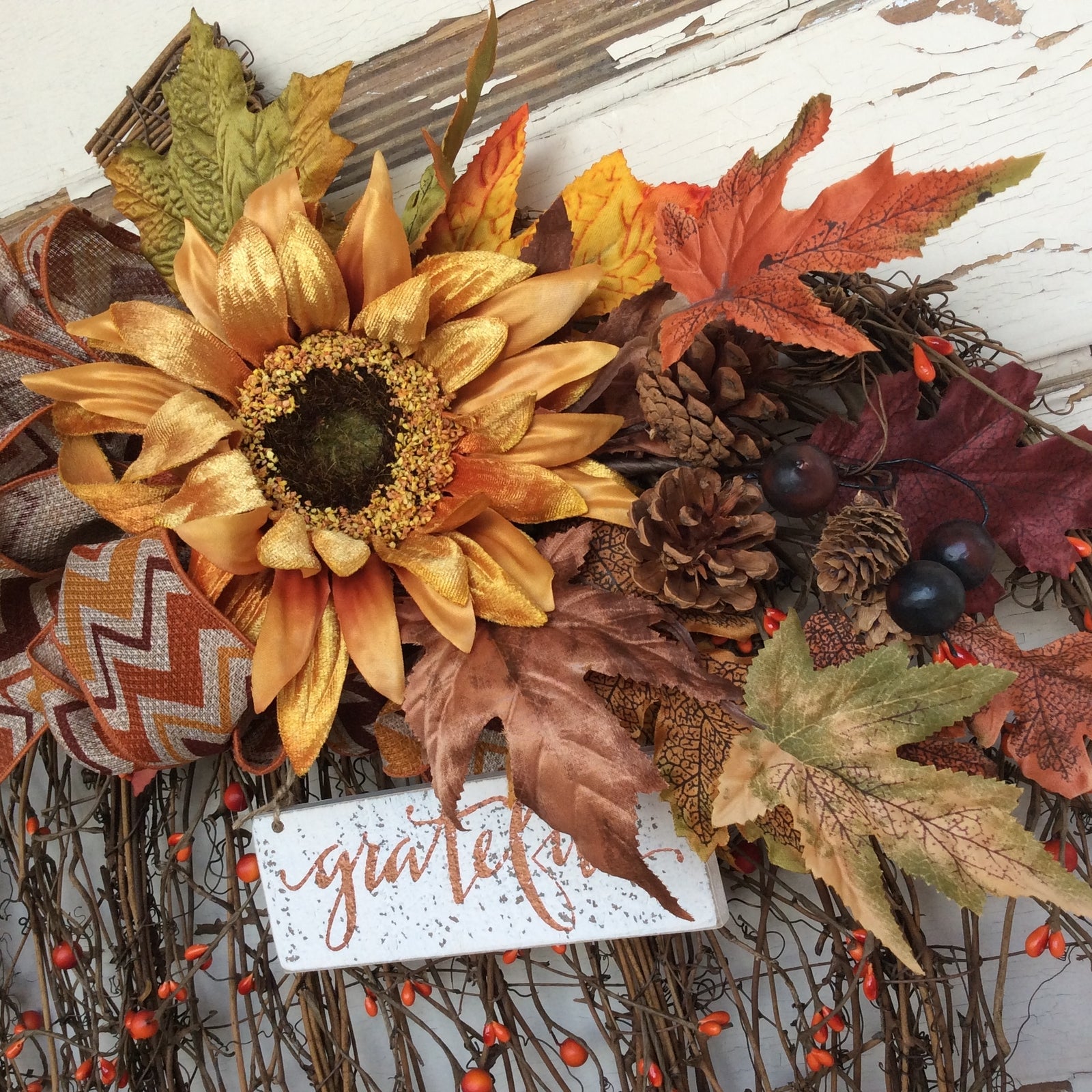 AGD Fall Decor - Flat Grapevine Pumpkin Grateful XX Large Wreath