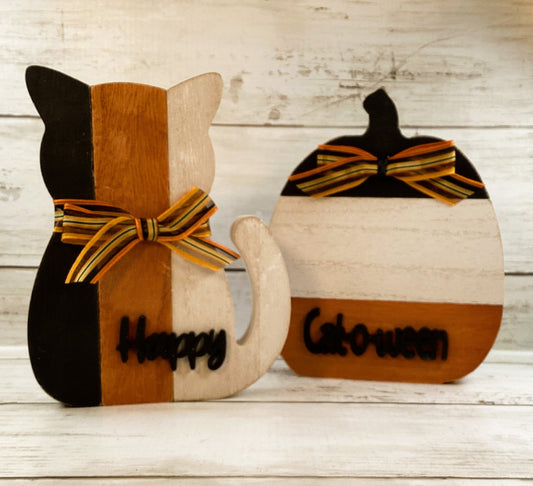 AGD Halloween Decor - Black White Orange Slat Cat and Pumpkin 2pc Set