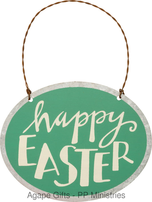PBK Easter Decor - Small Tin Ornament Sign Happy Easter  #29752