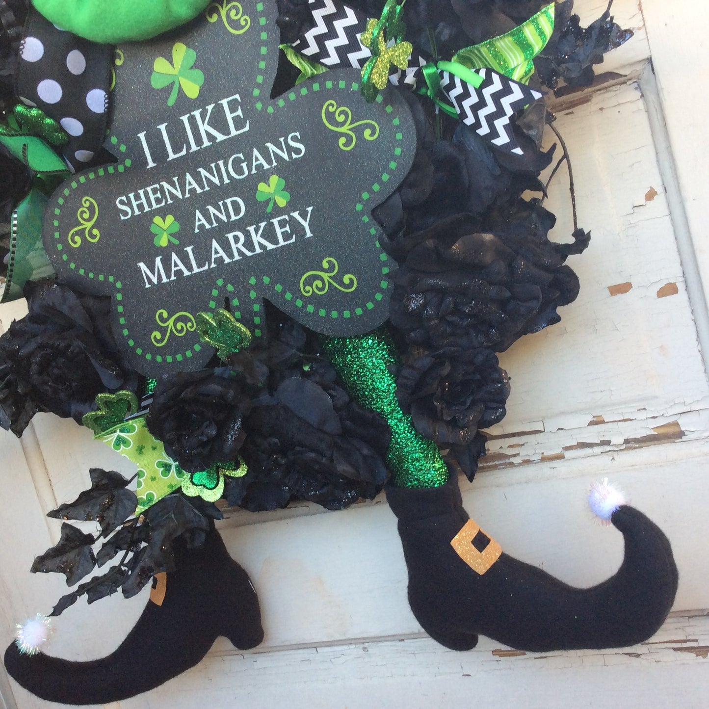 AGD St Patricks Decor - Black Rose Leprechaun Shenanigan Wreath