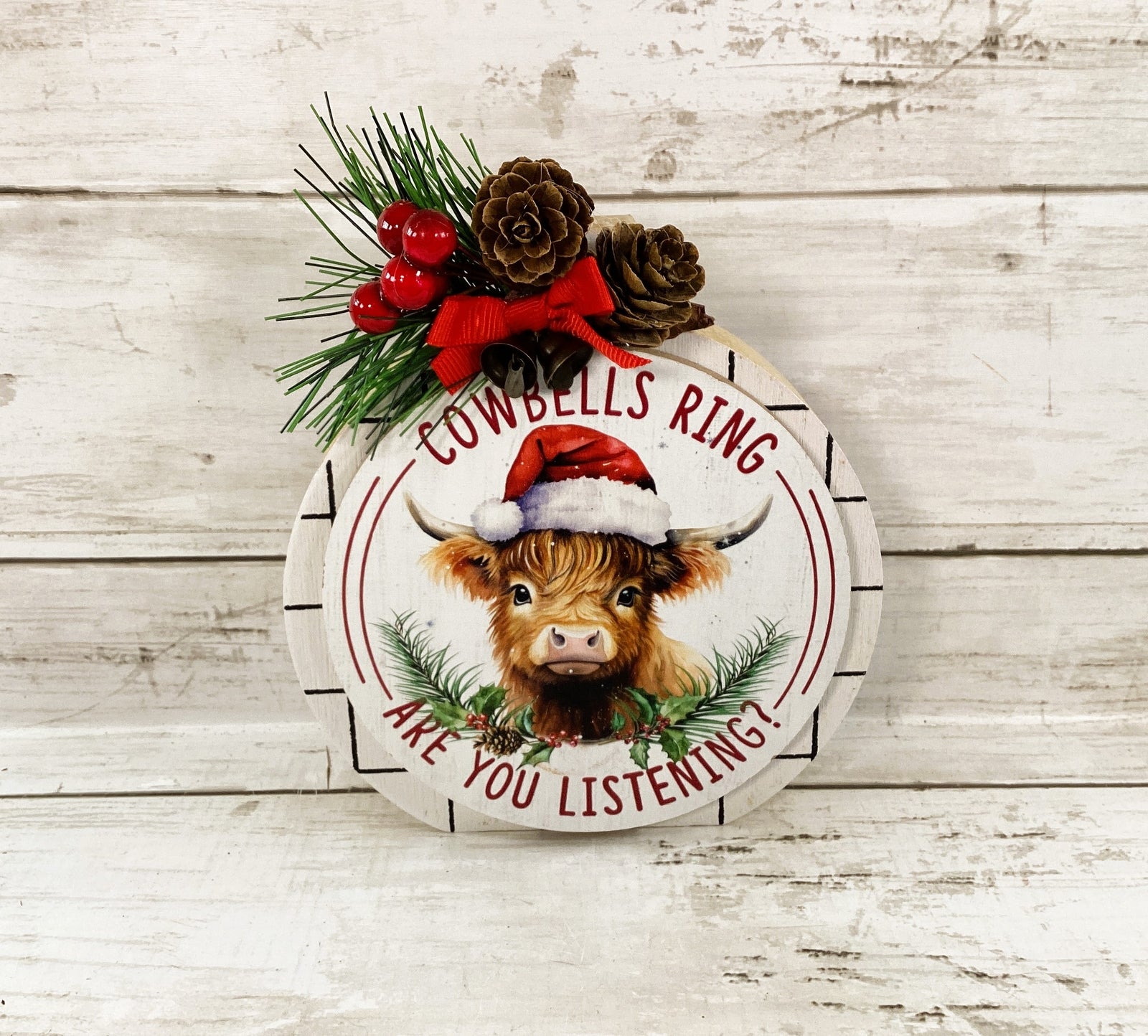 AGD Christmas Decor -  Highland Cow Bells Chunky Wood Bulb Sitter