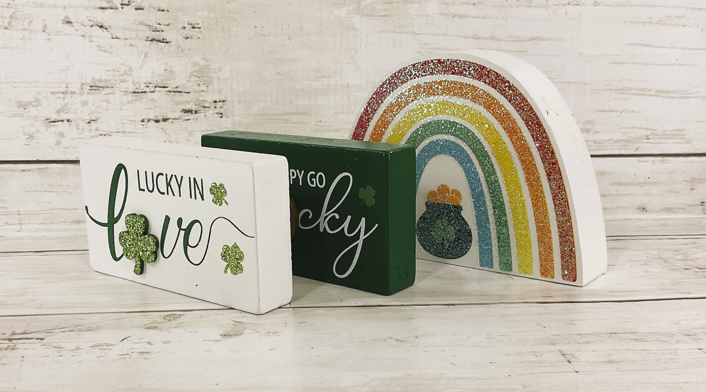 HL St Patrick's Decor - Lucky Love Rainbow Wood Mini Block Signs 3pc Set