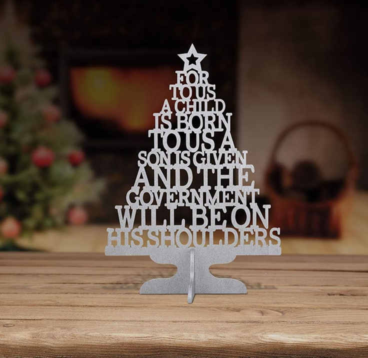 Christmas Decor - A Child Is Born Silver Wood Die Cut Word Tree