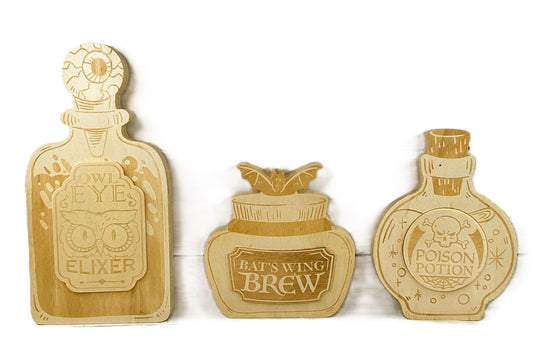 Darice Halloween Decor - Unfinished Wood Potion Jar Bottles 3pc Set
