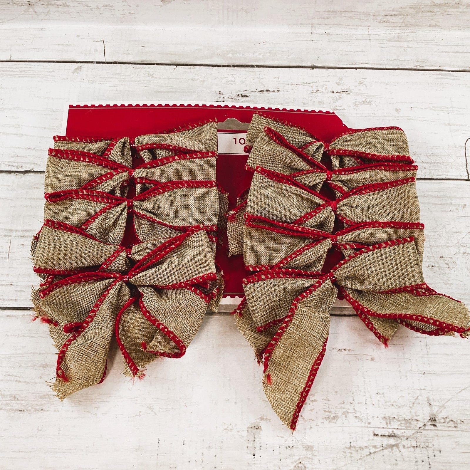 WM Christmas Decor - Small Ribbon Fabric Bows Tan Canvas Red 10pc
