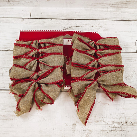 WM Christmas Decor - Small Ribbon Fabric Bows Tan Canvas Red 10pc
