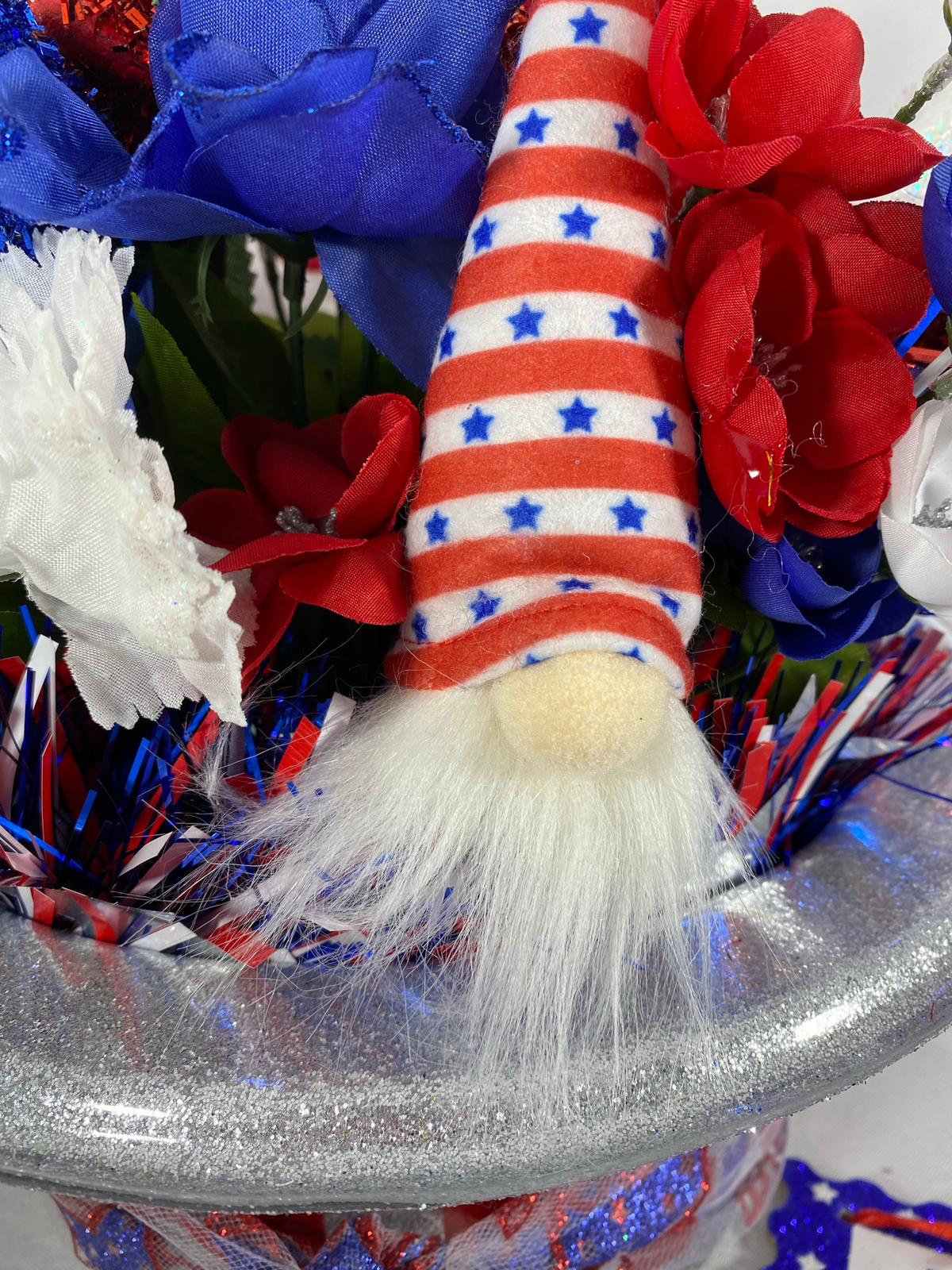 AGD Patriotic Decor  - Love the USA July 4th Gnome Floral Hat Centerpiece
