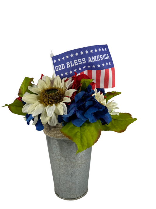 AGD Patriotic Decor  – God Bless Red White Blue Floral Centerpiece