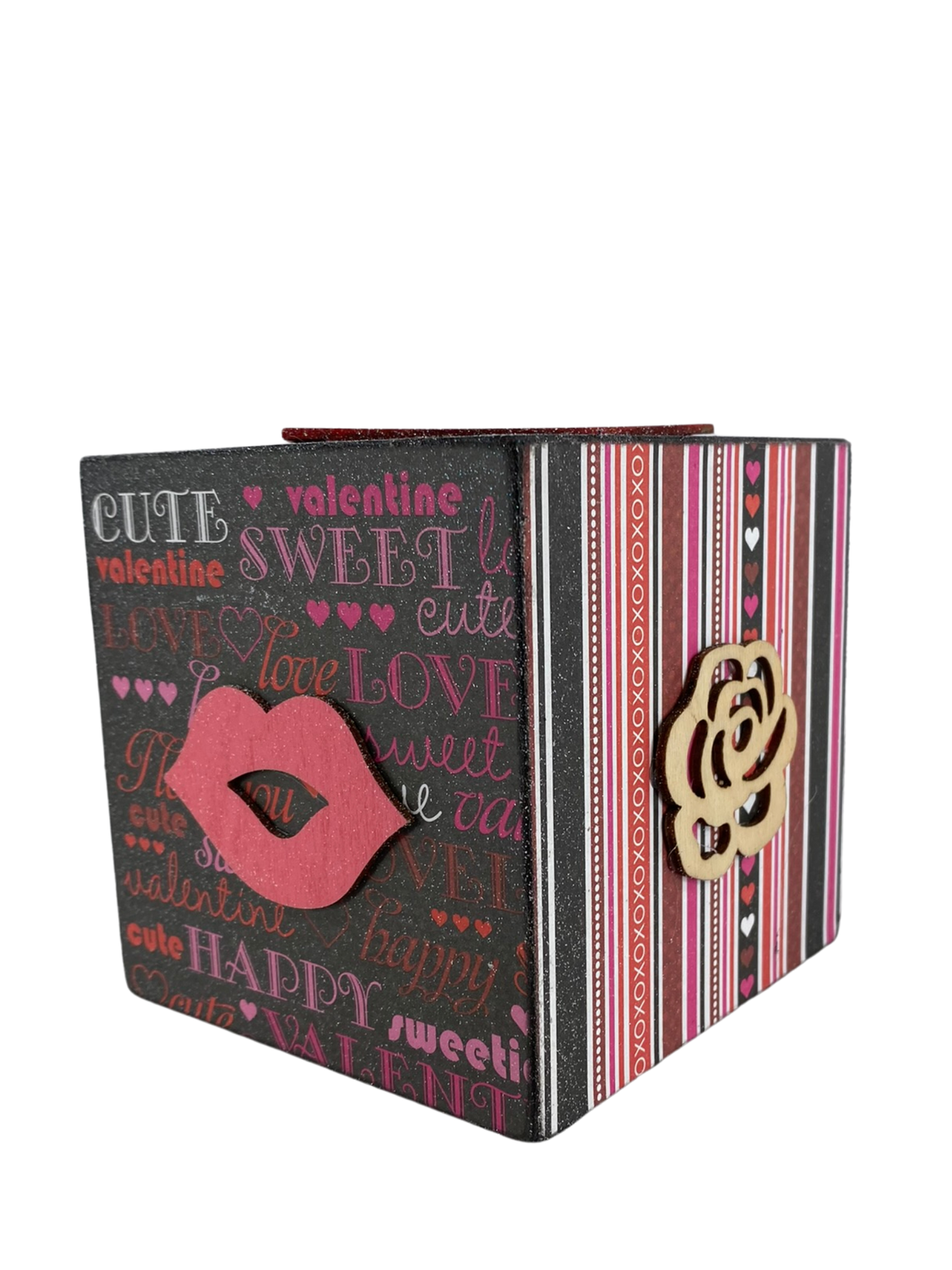 AGD Valentines Decor - Pink White Black Red Love Heart Icons Wood Block