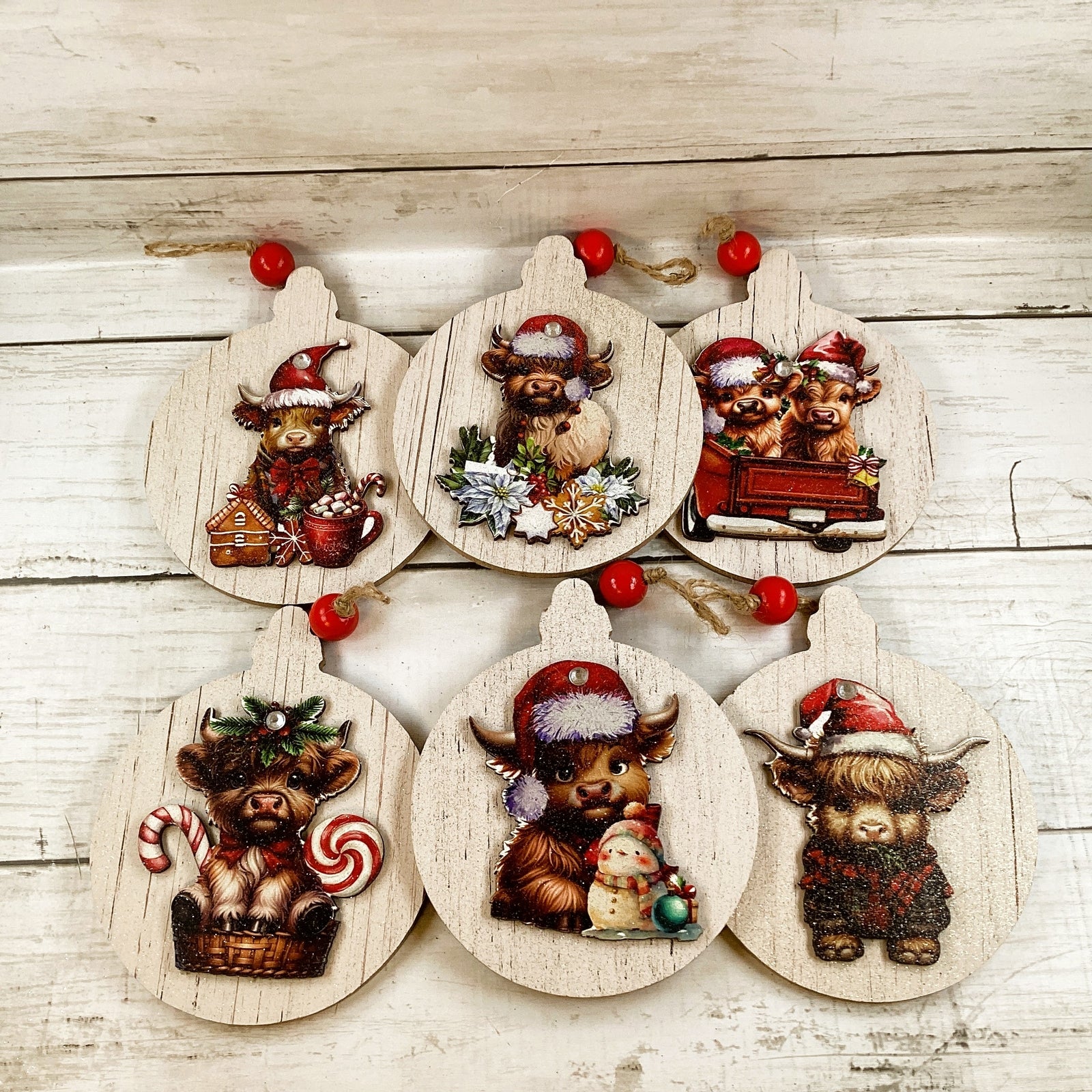 AGD Christmas Decor - Highland Scottish Cute Cow 3-D Ornaments 6pc Set