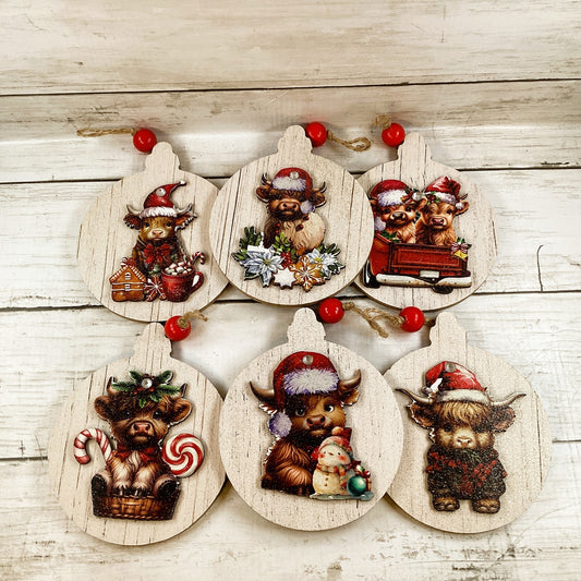 AGD Christmas Decor - Highland Scottish Cute Cow 3-D Ornaments 6pc Set