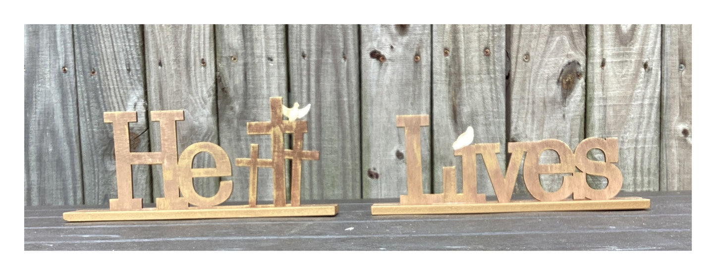AGD Easter Decor - He Lives 3 Crosses tabletop Display 2pc Set