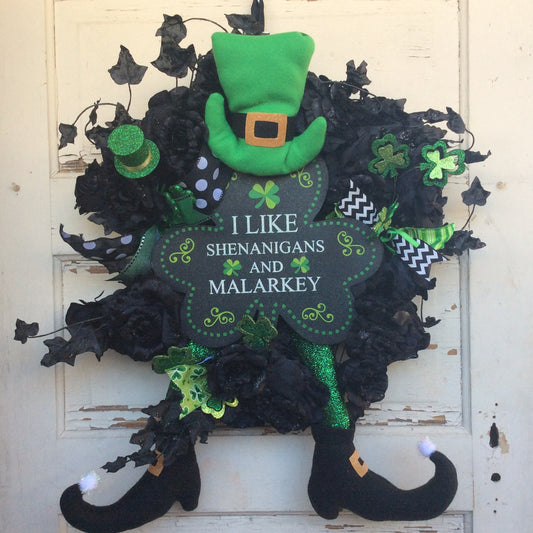 AGD St Patricks Decor - Black Rose Leprechaun Shenanigan Wreath