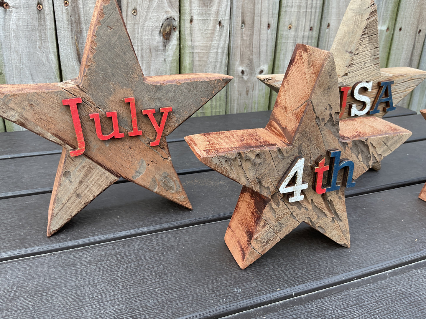 AGSD Patriotic Decor - July 4th Rustic Neutral Chunky Wood Star Sitters 4pc