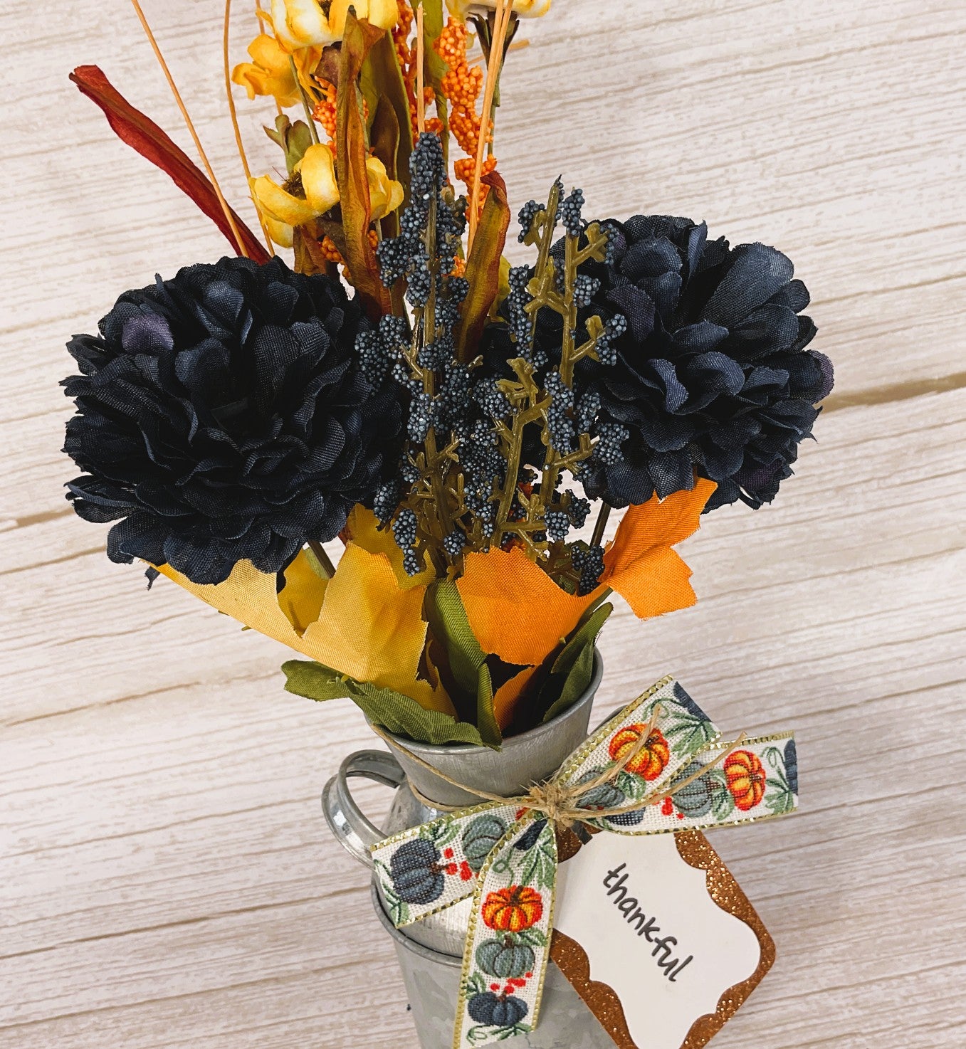 AGSD Fall Decor Thankful Orange Blue Milk Can Floral Display