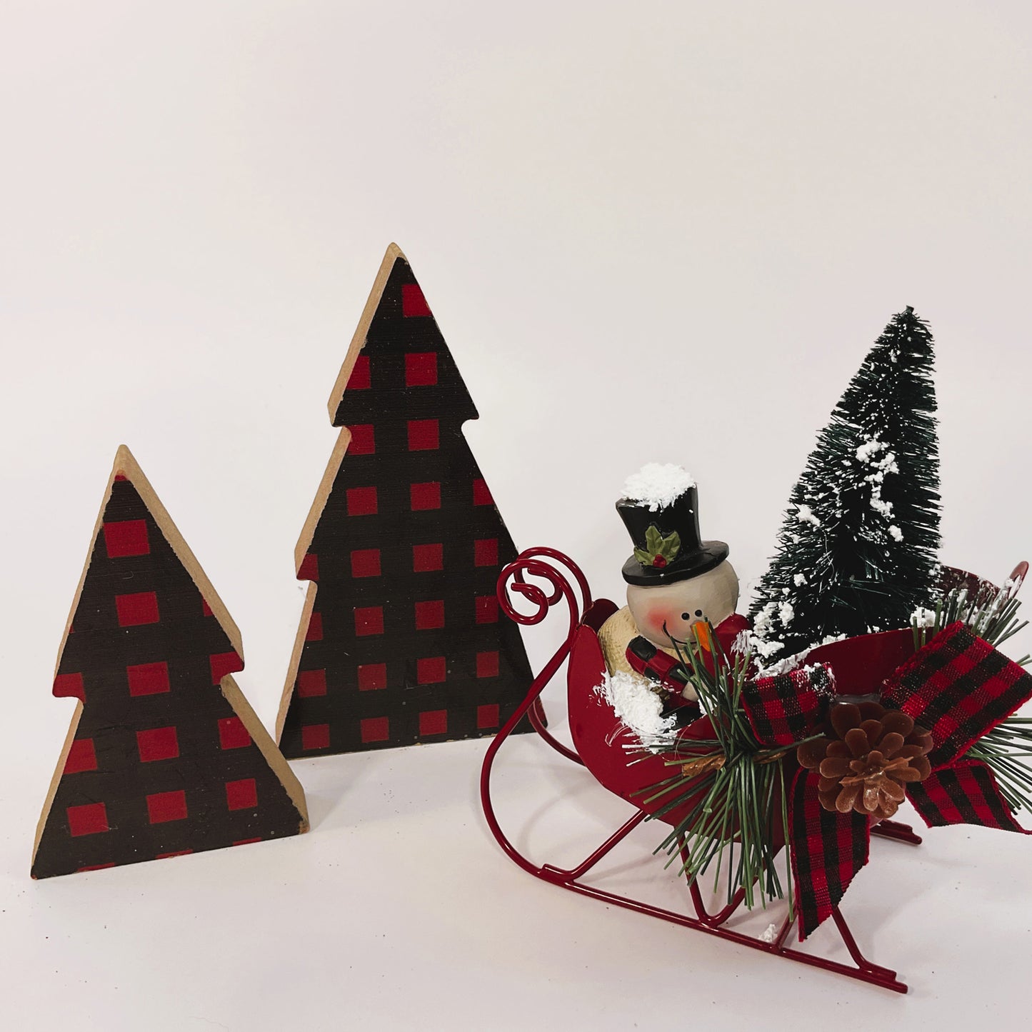 AGSD Christmas Decor - Resin Snowmen in Sled and Buffalo Trees 3pc Set