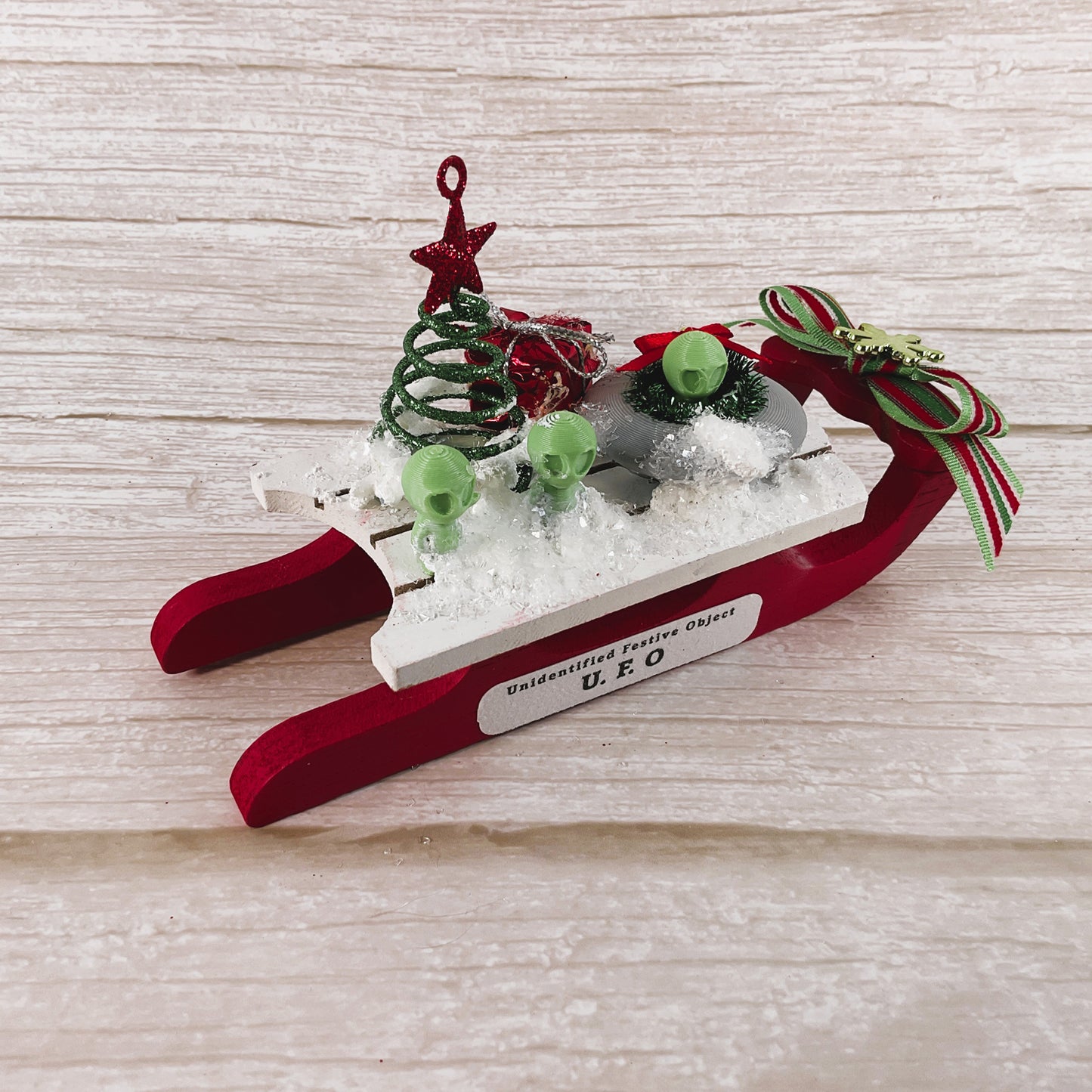 AGSD Christmas Decor - Micro Green Alien UFO Spaceship Sled Display
