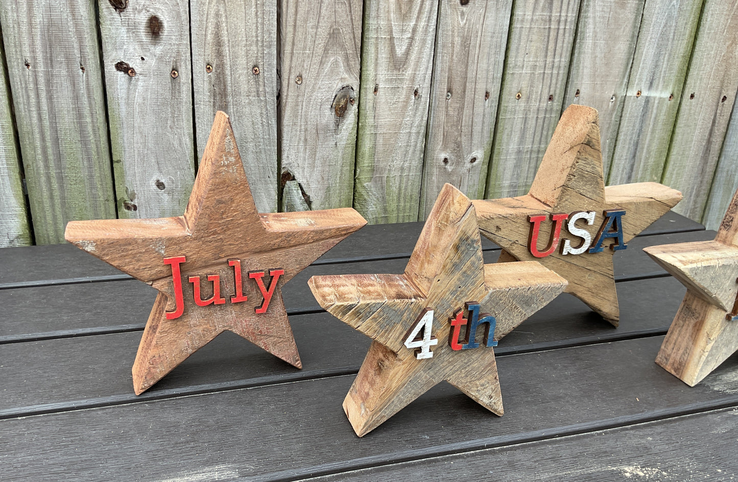 AGSD Patriotic Decor - July 4th Rustic Neutral Chunky Wood Star Sitters 4pc