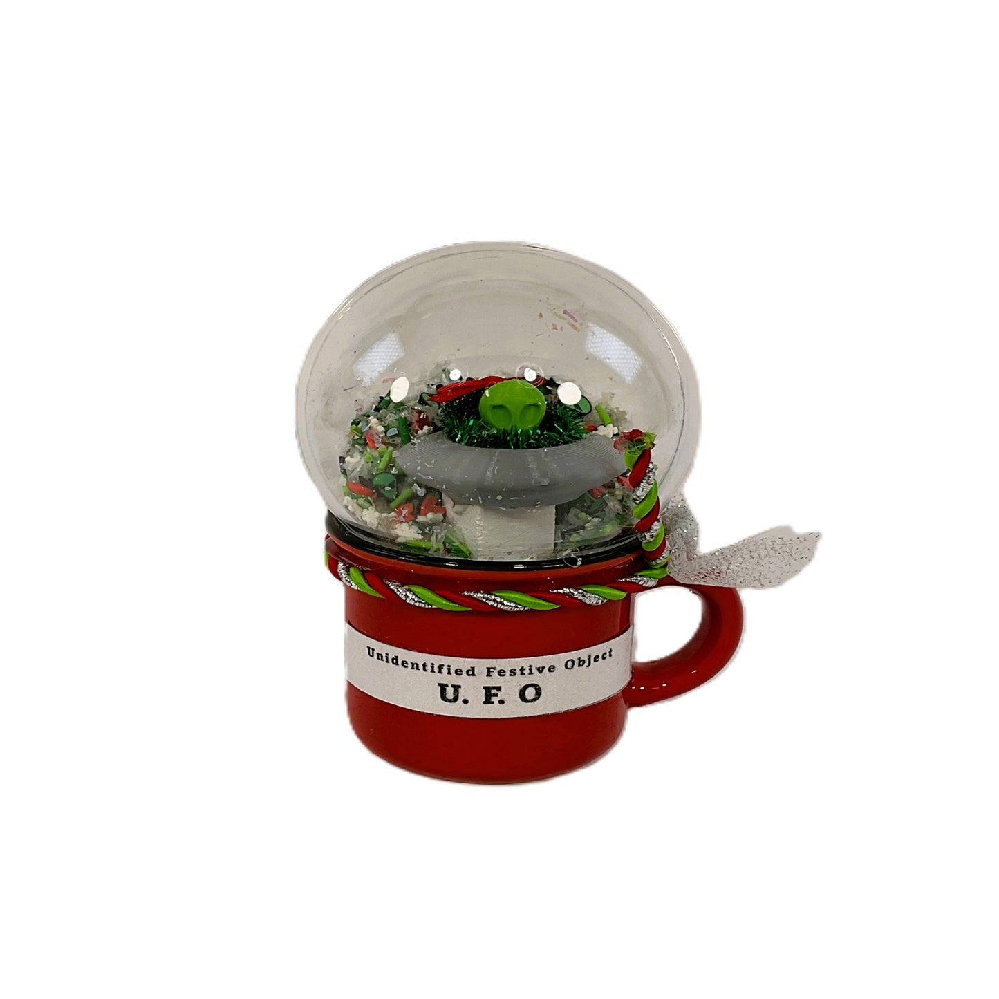 AGSD Christmas Decor - Green Alien UFO Spaceship Small Dry Shaker Globe