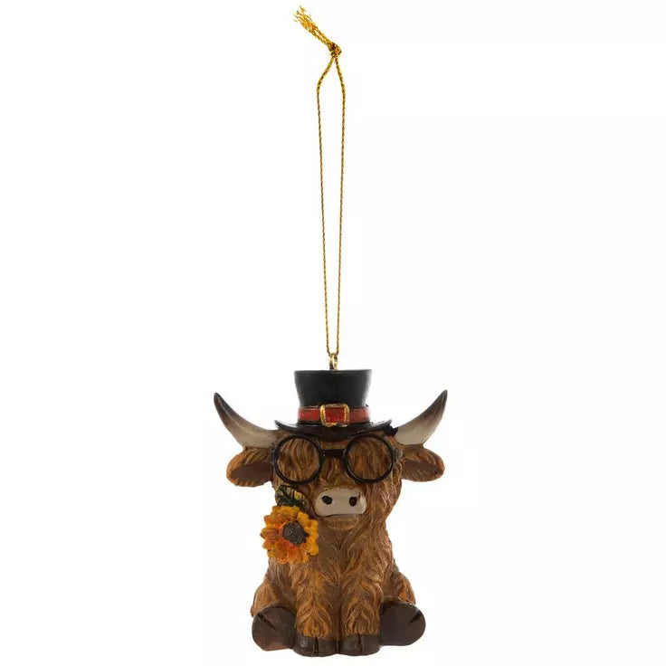 HL Fall Decor - Resin Highland Cow Top Hat Ornament