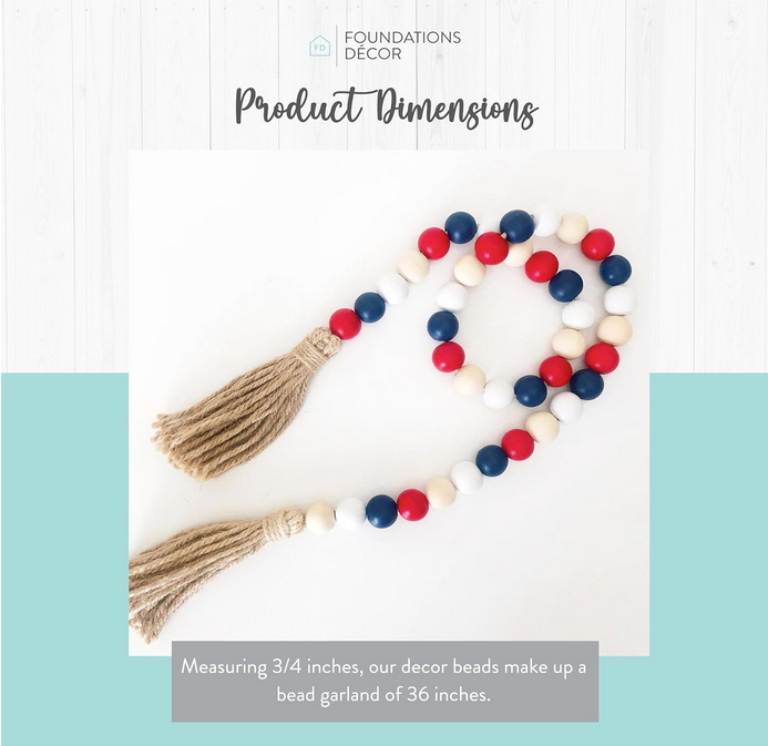 FD Patriotic Decor - Red White Blue Natural Wood Bead Garland 36-inch