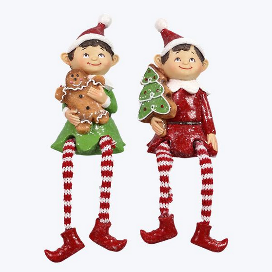 YI Christmas Decor - Gingerbread Elf Dangle Legs Sitter Figurines 2pc