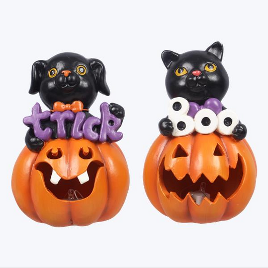 YI Halloween Decor - Cat Dog Jack-o-Lantern Pumpkin Figurines 2pc