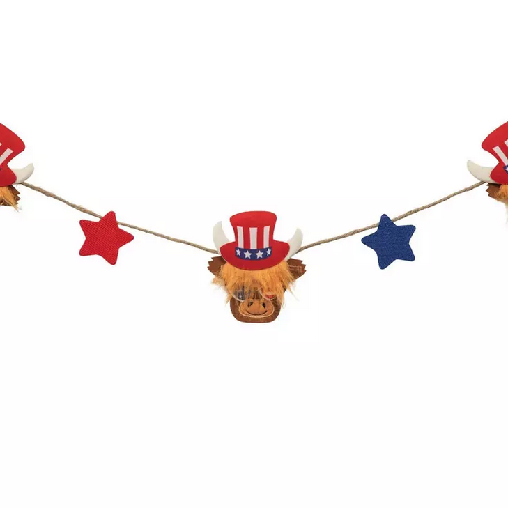 HL Patriotic Decor - July 4th Resin Highland Cow Couple Figurines & Garland 3pc Set