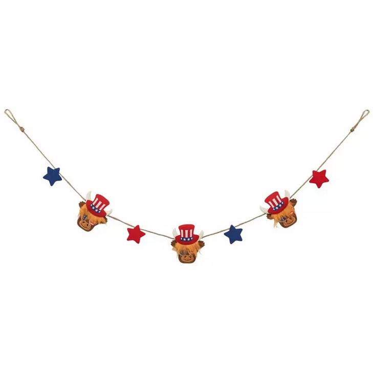 HL Patriotic Decor - July 4th Resin Highland Cow Couple Figurines & Garland 3pc Set