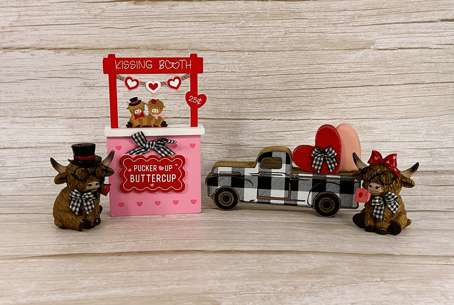 AGSD Valentines Decor - Highland Cow Figurine Booth Truck Tier Tray 4pc Set
