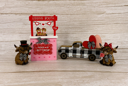 AGSD Valentines Decor - Highland Cow Figurine Booth Truck Tier Tray 4pc Set