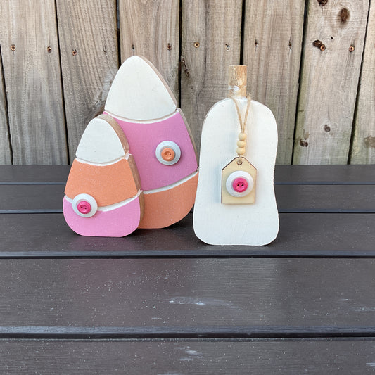 AGSD Halloween Decor - Pink Pastel Chunky Wood Candy Corn Pumpkin Sitters