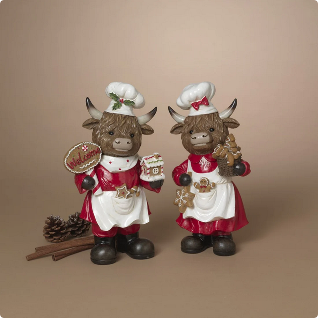 Gerson Christmas Decor - Gingerbread Baker Highland Cow Figurines 2pc 12-inch
