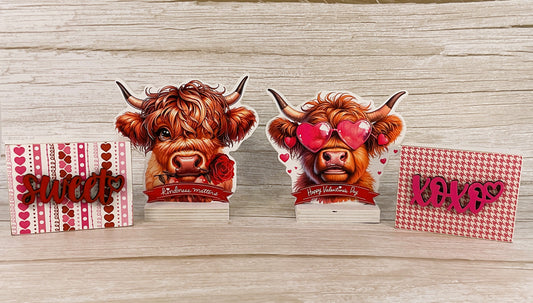 AGSD Valentines Decor - Glam Highland Cow Block Sign Tier Tray 4pc Set
