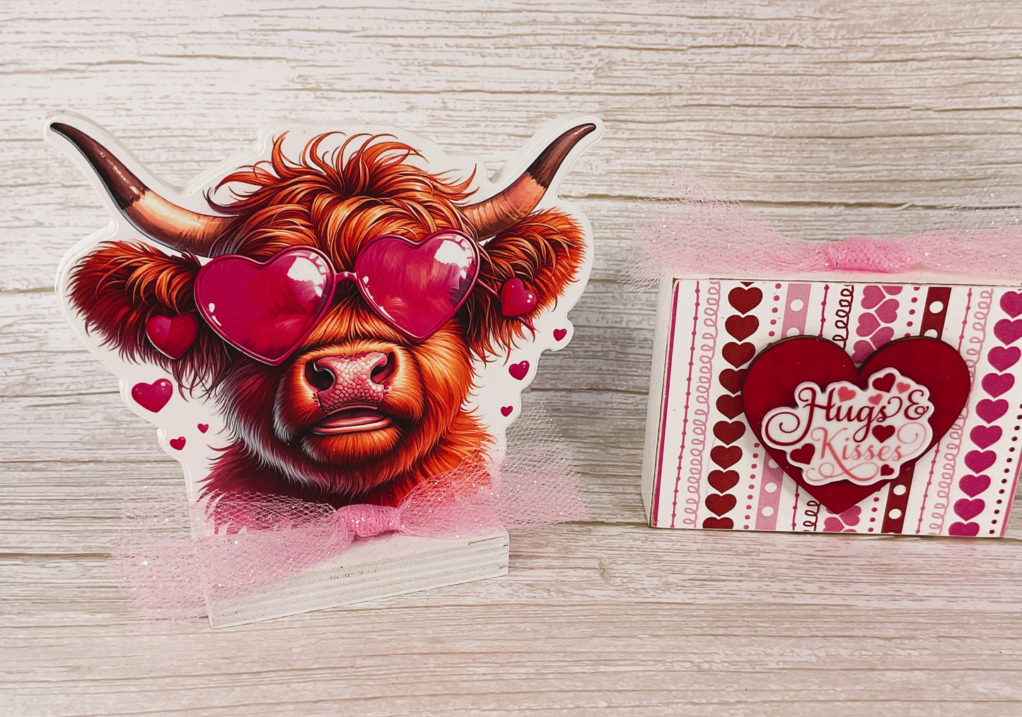 AGSD Valentines Decor - Glam Highland Cow Block Sign Tier Tray 3pc Set
