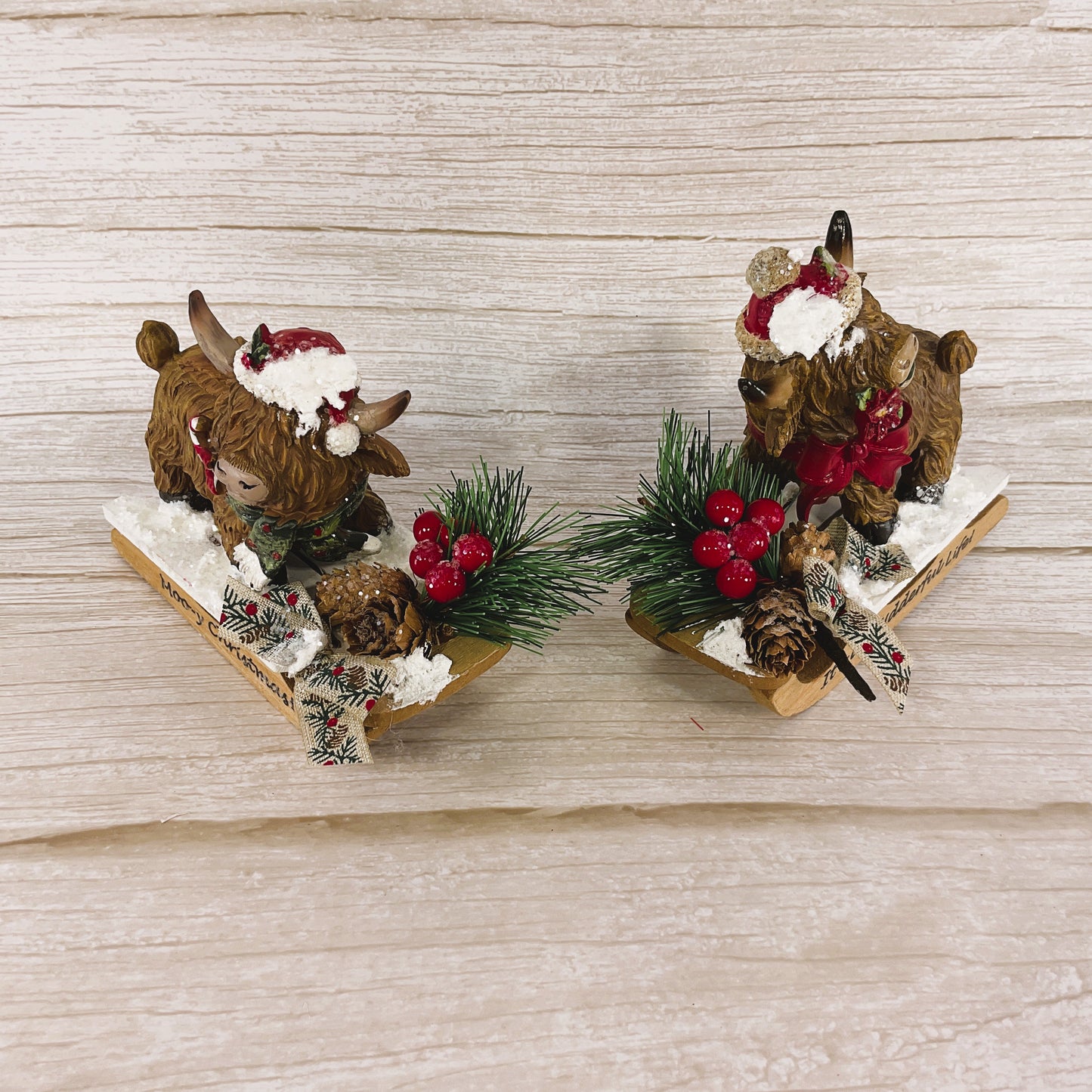 AGSD Christmas Decor - Resin Playful Highland Cows and Sleds 2pc