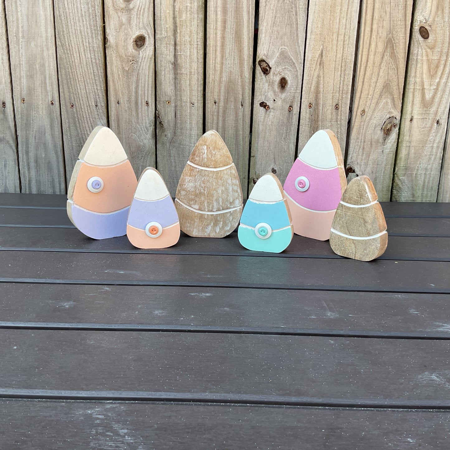 AGD Spring Decor - Pastel Purple Peach Chunky Wood Candy Corn Sitters 2pc Set